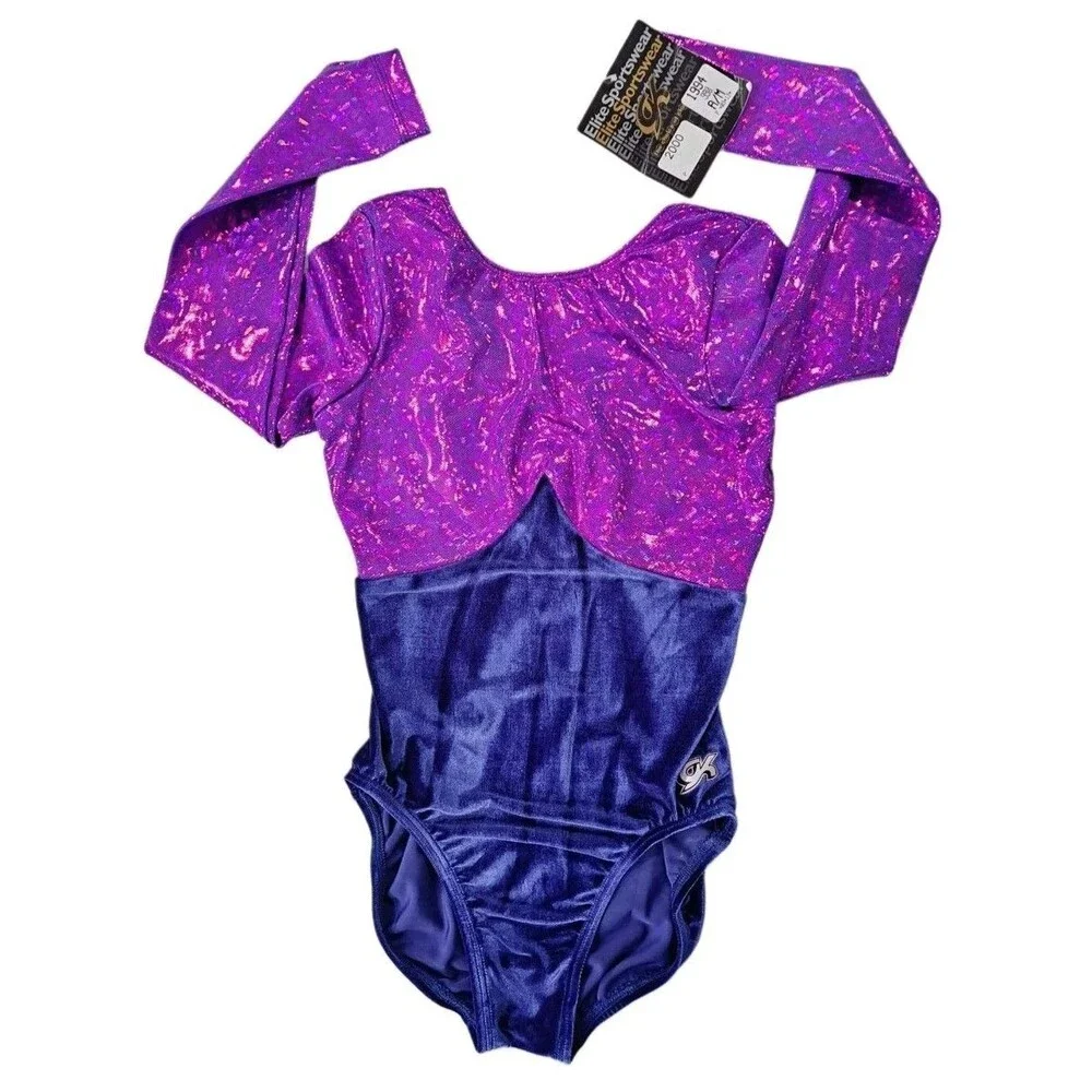 GK Elite VTG Mystique Purple Holographic LS Keyhole Leotard Blue Velvet Size AM